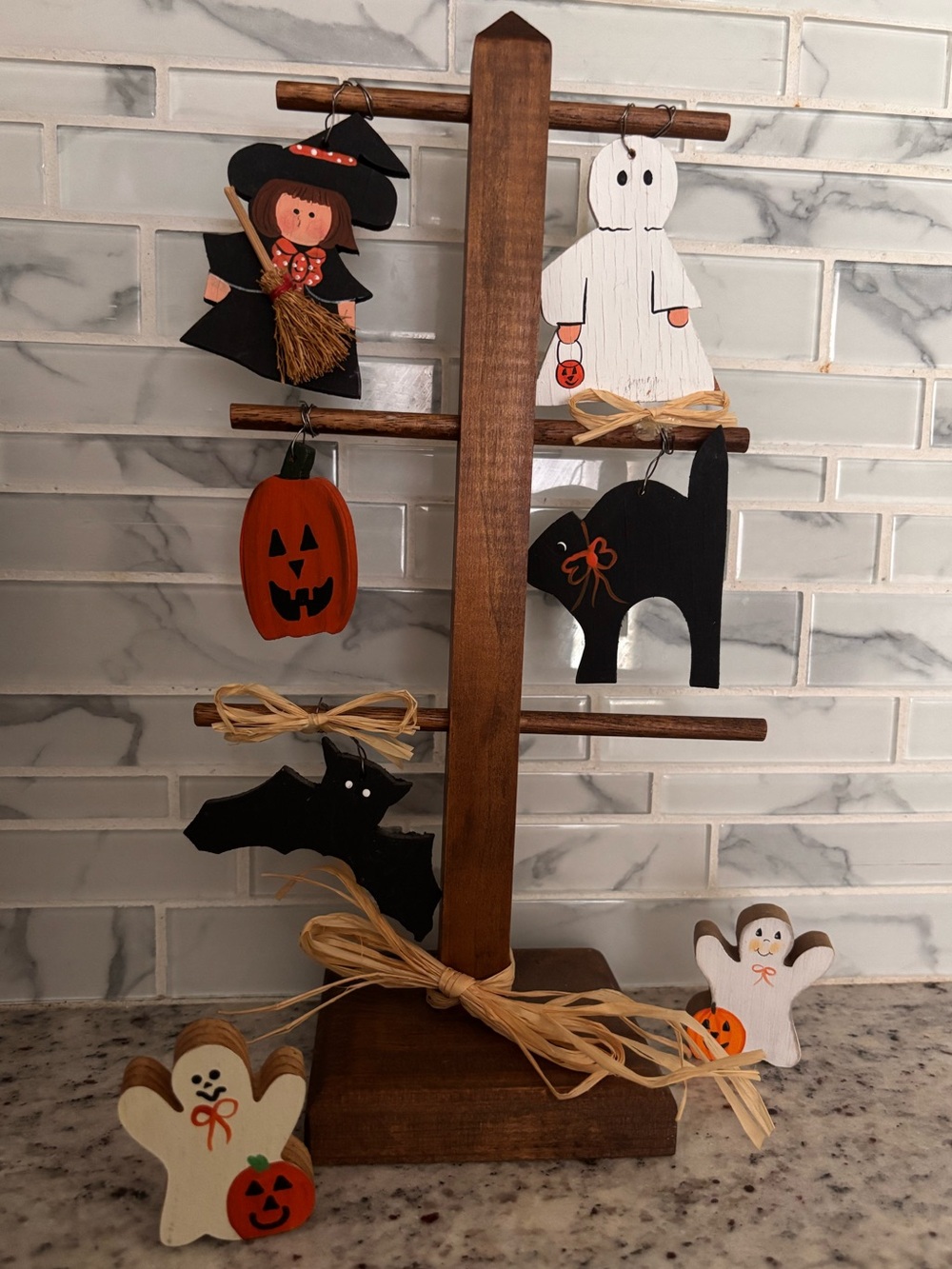 Handcrafted Halloween Wooden Ornament Stand with Black, White, Orange Accents